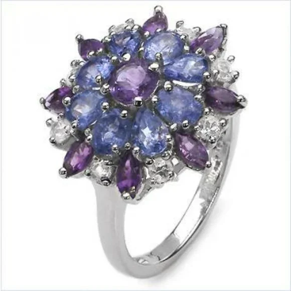 Purple Amethyst and Tanzanite fashion Gemstone Ring Solid Sterling Silver